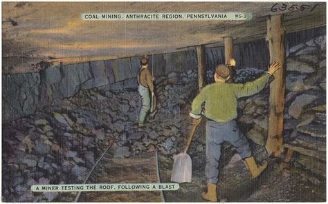 Coal mining, Anthracite Region, Pennsylvania. A miner testing the roof ...