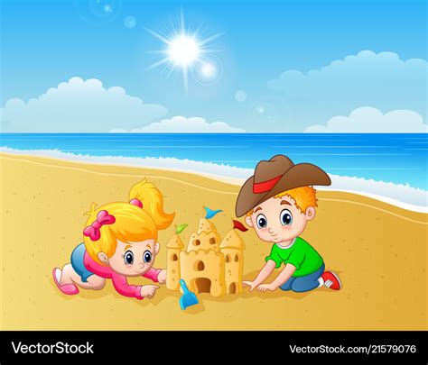 Kids making sand castle at the beach Royalty Free Vector