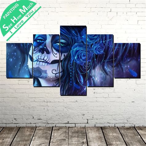 5 Piece Blue Sugar Skull Modern Artwork Wall Art Canvas Poster and ...