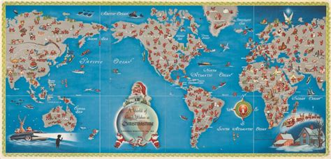 A classical map shows the journey of Santa Claus across the globe