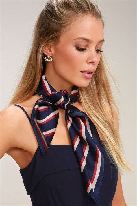 Girls Trip Navy Blue Striped Satin Scarf | Neck scarf outfit, Scarf outfit, Silk scarf style