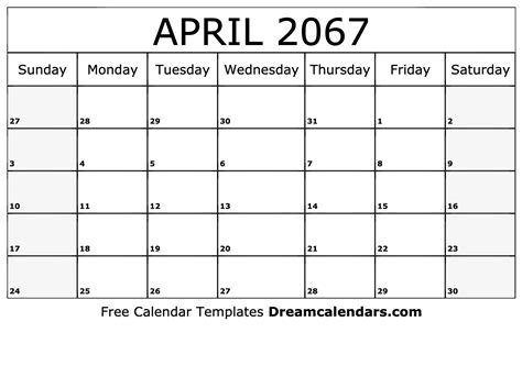 April 2067 Calendar - Free Printable with Holidays and Observances