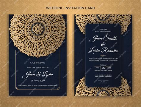 Premium Vector | Royal blue wedding invitation card design with golden and pattern