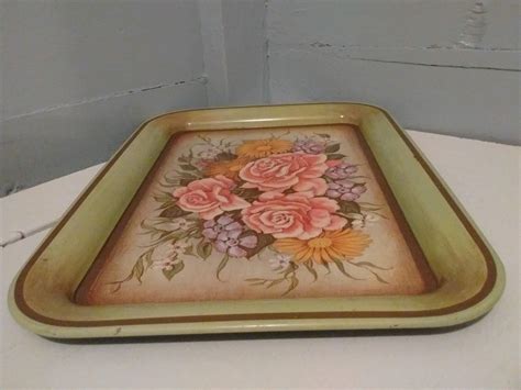 Vintage Metal Serving Tray Floral Green Decorative Tray Shabby Chic ...