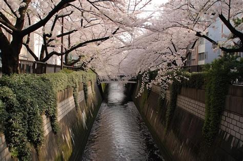 Premium Photo | Cherry blossom rows along the meguro river in tokyo