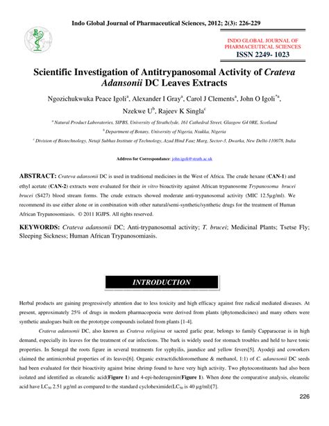 (PDF) Scientific Investigation of Antitrypanosomal Activity of Crateva Adansonii DC Leaves Extracts