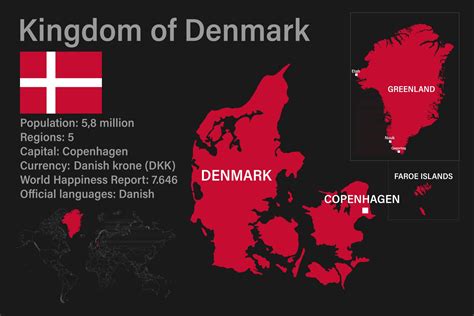 Highly detailed Kingdom of Denmark map with flag, capital and small map ...