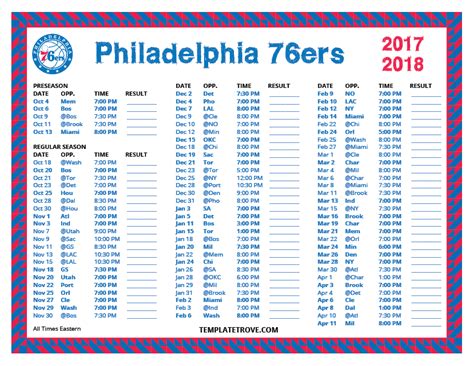 Printable 2017-2018 Philadelphia 76ers Schedule