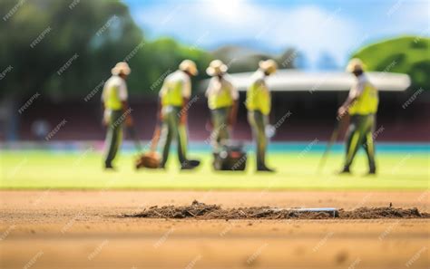 Premium Photo | Cricket Pitch Preparation Crew Inspection