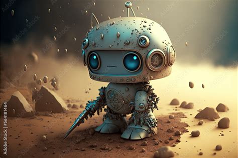 small cute robot in fantasy world, ai art Stock Illustration | Adobe Stock