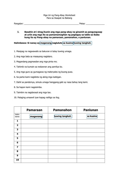 Pagkilala Sa Pang Abay Pandiwa Pang Uri Worksheet Pdf Abayna Clo ...