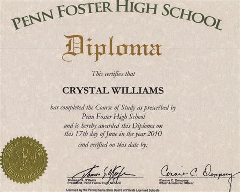 an award certificate for crystal williams, penn foster high school diploma