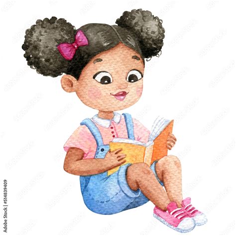 Watercolor girl, cute little girl reading a book Stock Illustration ...