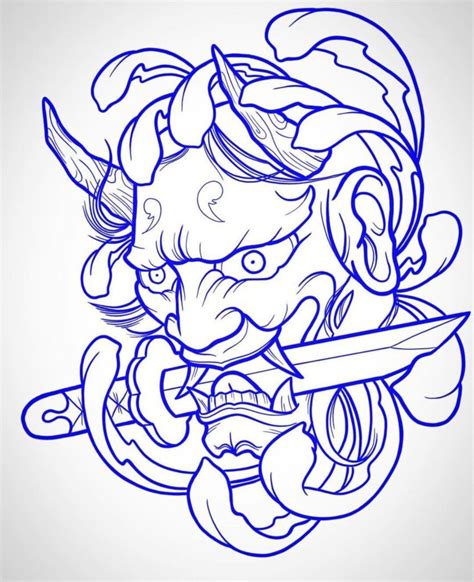 a drawing of a demon holding a knife and wearing a helmet with horns on it