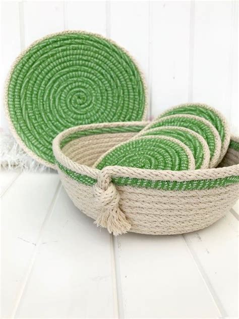 Coiled rope basket, medium sized bowl with green knot trim, fabulous engagement gift, table ...