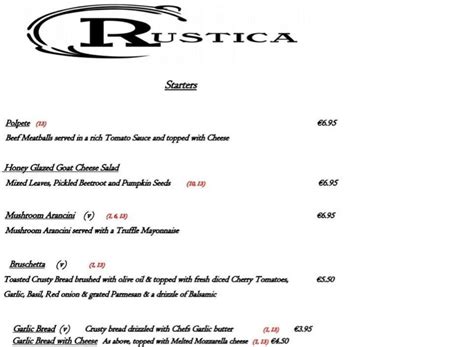 Menu at Rustica restaurant, Los Dolses