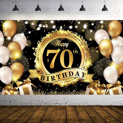 Buy 70th Birthday Decoration Banner, 70th Black Gold Birthday Backdrop ...