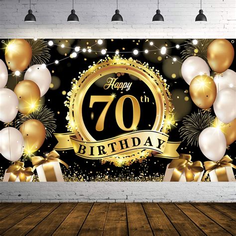 Buy 70th Birthday Decoration Banner, 70th Black Gold Birthday Backdrop Banner Photo Booth Sign ...