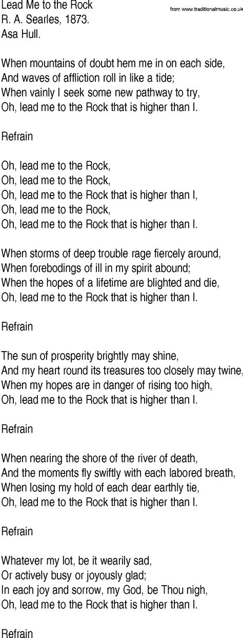 Hymn and Gospel Song Lyrics for Lead Me to the Rock by R A Searles