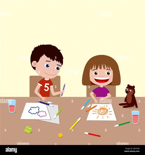 Children drawing with markers. Cartoon illustration of happy brother and sister spending time ...