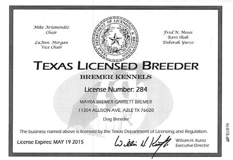 Texas Breeder License Certificate – Bremer Kennels Texas