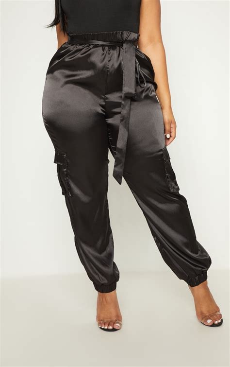 Plus Black Satin Cargo Pants | PrettyLittleThing USA