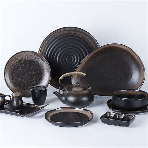 Japanese Style Restaurant Porcelain Dinnerware Black Ceramic Tableware Sushi Plate Set^-Two Eight