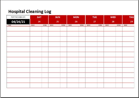 Hospital Cleaning Log Template for MS Excel | Download FREE