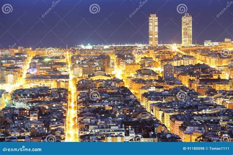 Barcelona skyline at night stock photo. Image of catalan - 91180098