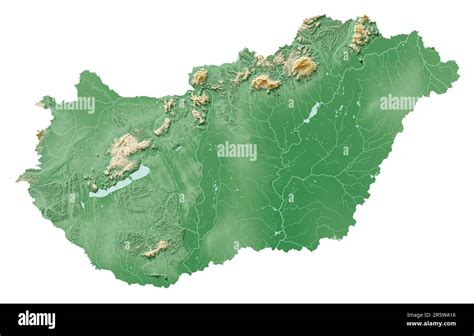 Hungary. Highly detailed 3D rendering of a shaded relief map with ...