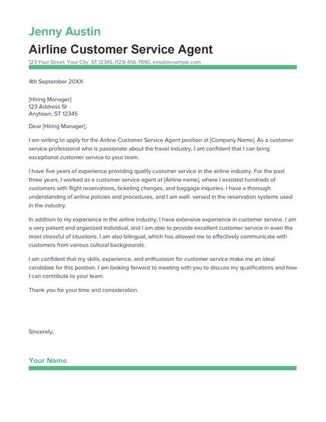 Best Airline Customer Service Agent Cover Letter Example for 2023