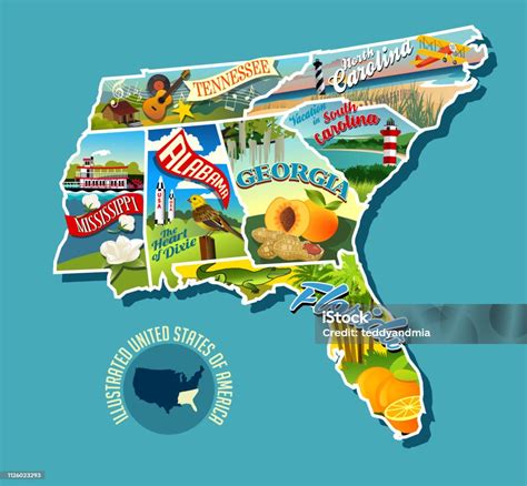 Illustrated Pictorial Map Of Southern United States Includes Tennessee ...