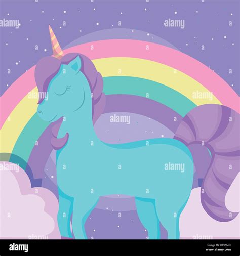 Cute unicorn and rainbow over purple background, colorful design ...