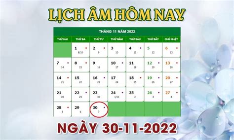 Lịch âm 30/11 - tra cứu lịch âm hôm nay thứ 4 ngày 30/11/2022