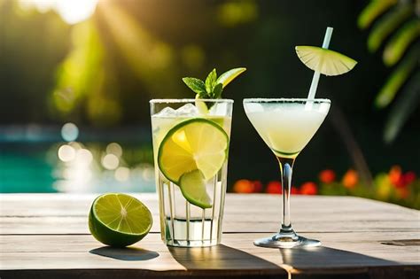 Premium AI Image | cocktails on a table with a watermelon and lime wedges.