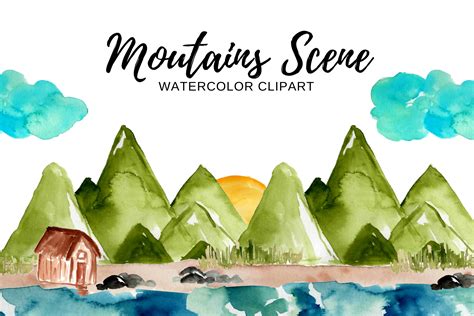 Watercolor mountain scene clipart By Writelovely | TheHungryJPEG