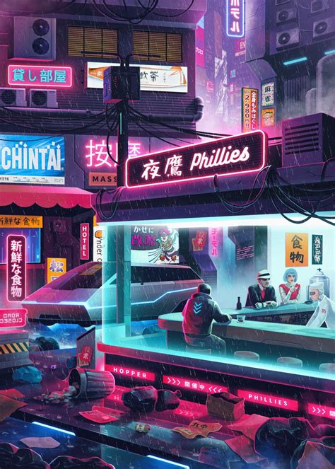 'Cyberpunk Nighthawks Diner' Poster, picture, metal print, paint by B Cubed Designs | Displate