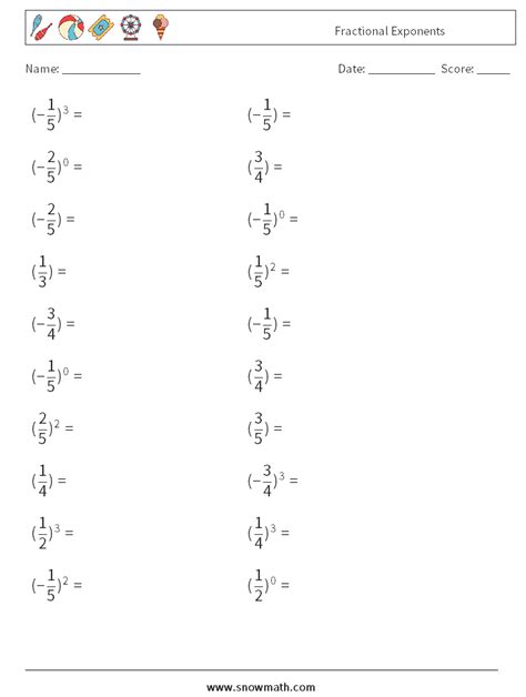 fractional exponents Math Worksheets, Math Practice for Kids.