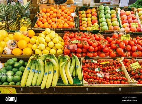 Fruit and vegetable market. Lots of different fresh fruits and vegetables Stock Photo - Alamy