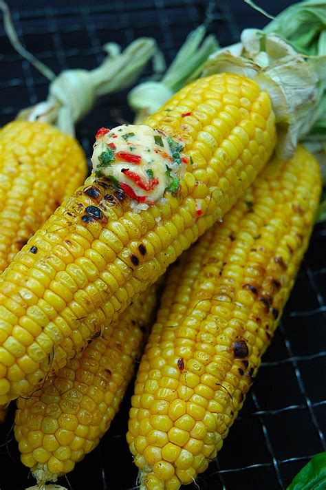 Corn cob-grilled with chili-and basil butter