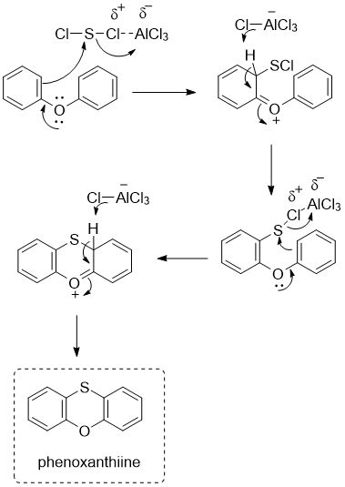 What product results if diphenyl ether is treated with SCl_2 and AlCl_3 ...