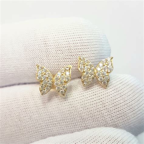 14K Real Solid Gold Butterfly Stud Earrings for Women