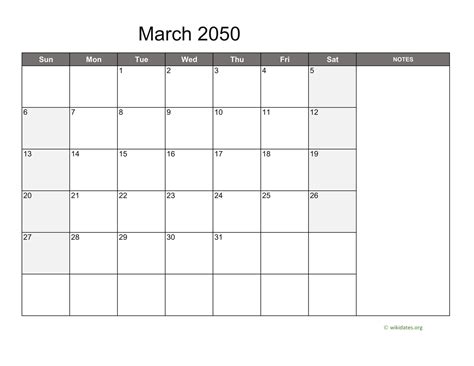 March 2050 Calendar with Notes | WikiDates.org