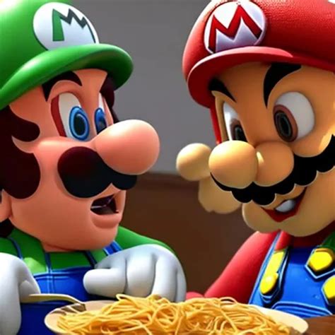 Ultra realistic Mario eating spaghetti as Luigi watc...