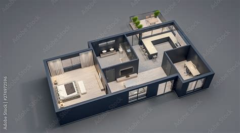 modern interior design, isolated floor plan with black walls, blueprint of apartment, house ...