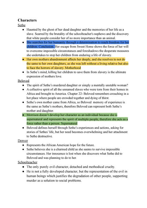 Beloved-Analysis - Beloved by Toni Morrison notes - Characters Sethe Haunted by the ghost of her ...