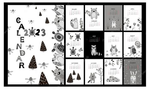 Premium Vector | Calendar for 2023 forest and animals in black and ...