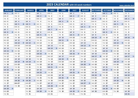 2023 calendar with week numbers (US and ISO week numbers)