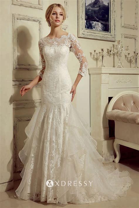 Scalloped Lace Ruffled Organza Mermaid Bridal Gown - Xdressy