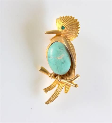 Vintage Bird Brooch Pin Gold Tone Turquoise Stone by IguanaLoveIt